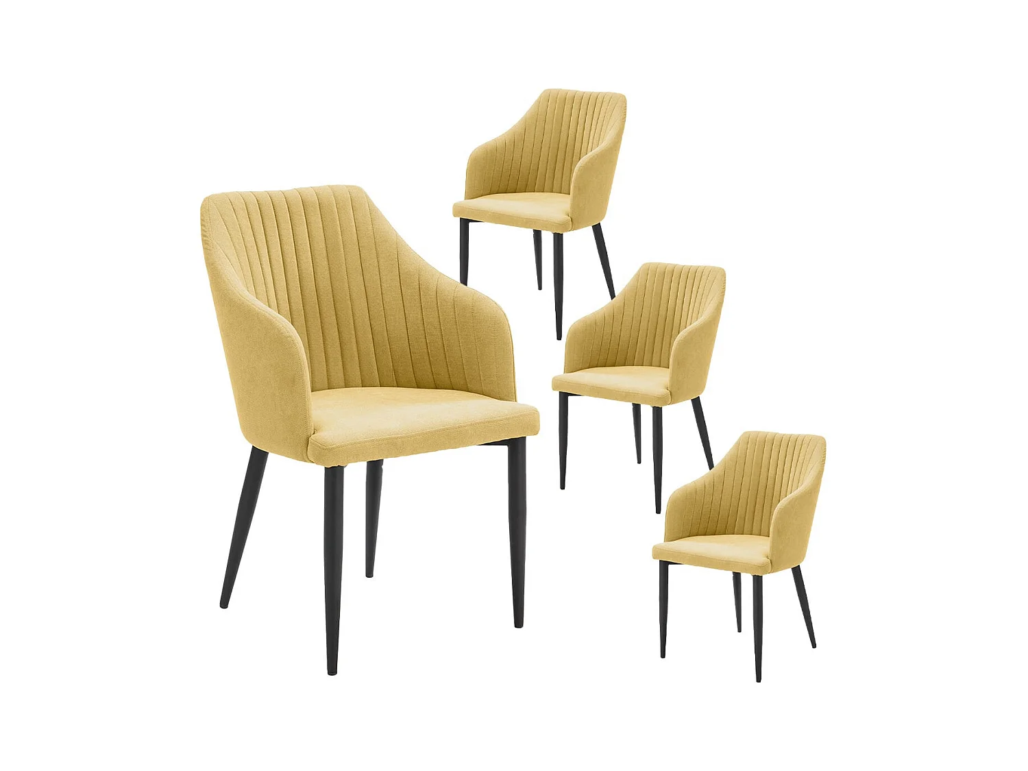 FASCA - Lot de 4 Fauteuils Tissu Jaune Surpiqures Verticales Pieds Métal Noir