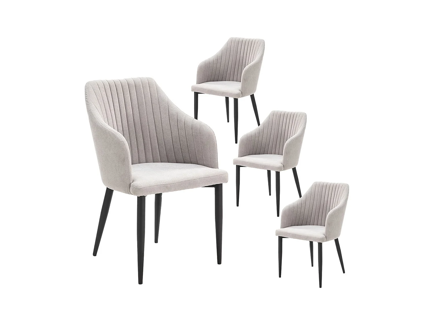 FASCA - Lot de 4 Fauteuils Tissu Gris Clair Surpiqures Verticales Pieds Métal Noir