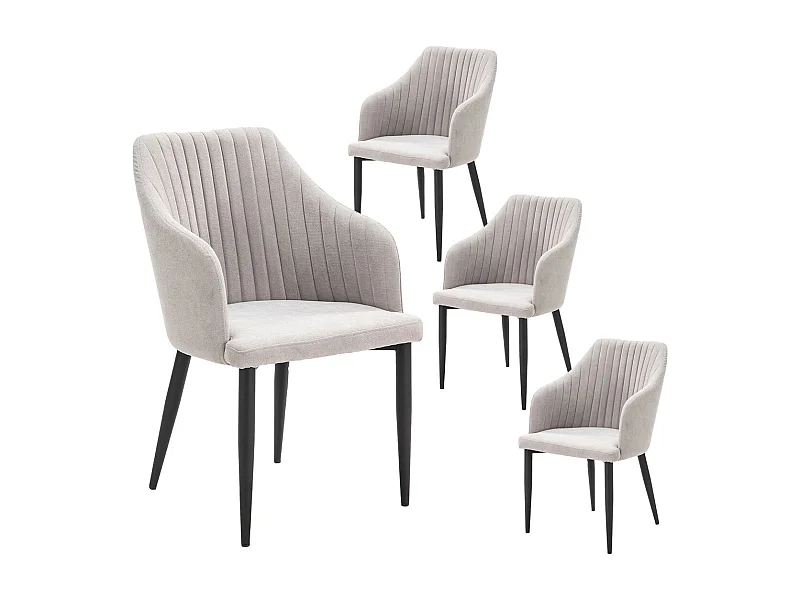 FASCA - Lot de 4 Fauteuils Tissu Gris Clair Surpiqures Verticales Pieds Métal Noir