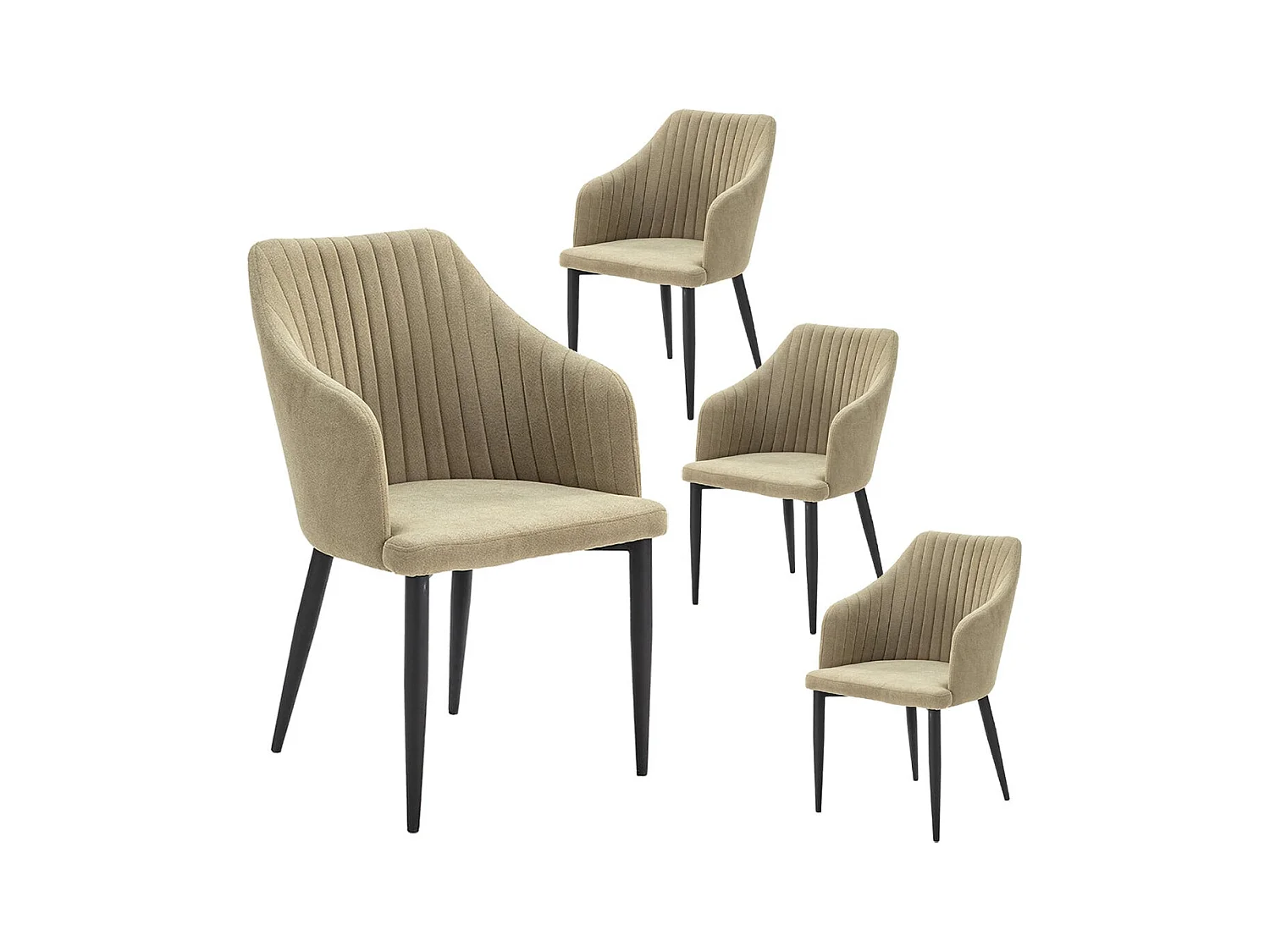 FASCA - Lot de 4 Fauteuils Tissu Vert Surpiqures Verticales Pieds Métal Noir