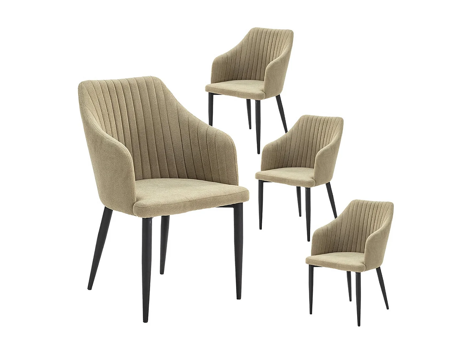 FASCA - Lot de 4 Fauteuils Tissu Vert Surpiqures Verticales Pieds Métal Noir