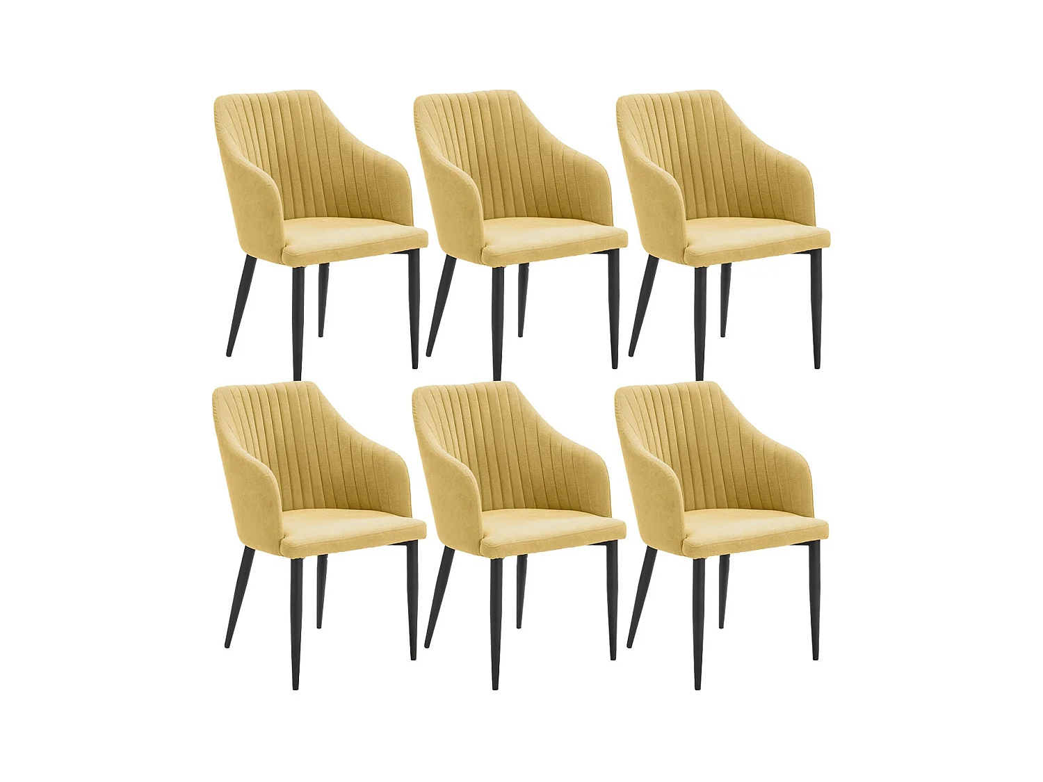 FASCA - Lot de 6 Fauteuils Tissu Jaune Surpiqures Verticales Pieds Métal Noir