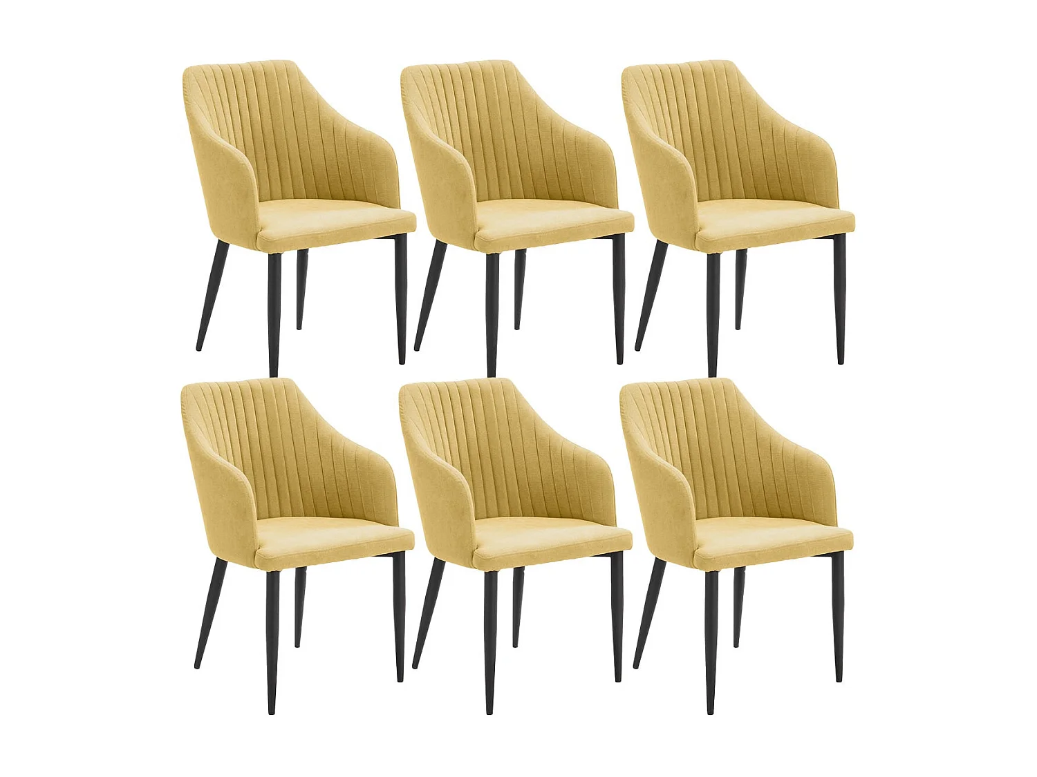 FASCA - Lot de 6 Fauteuils Tissu Jaune Surpiqures Verticales Pieds Métal Noir