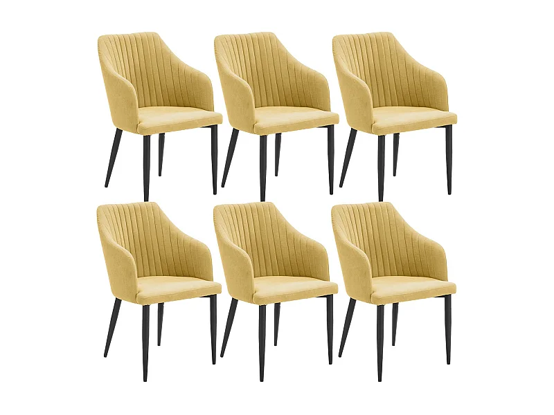 FASCA - Lot de 6 Fauteuils Tissu Jaune Surpiqures Verticales Pieds Métal Noir