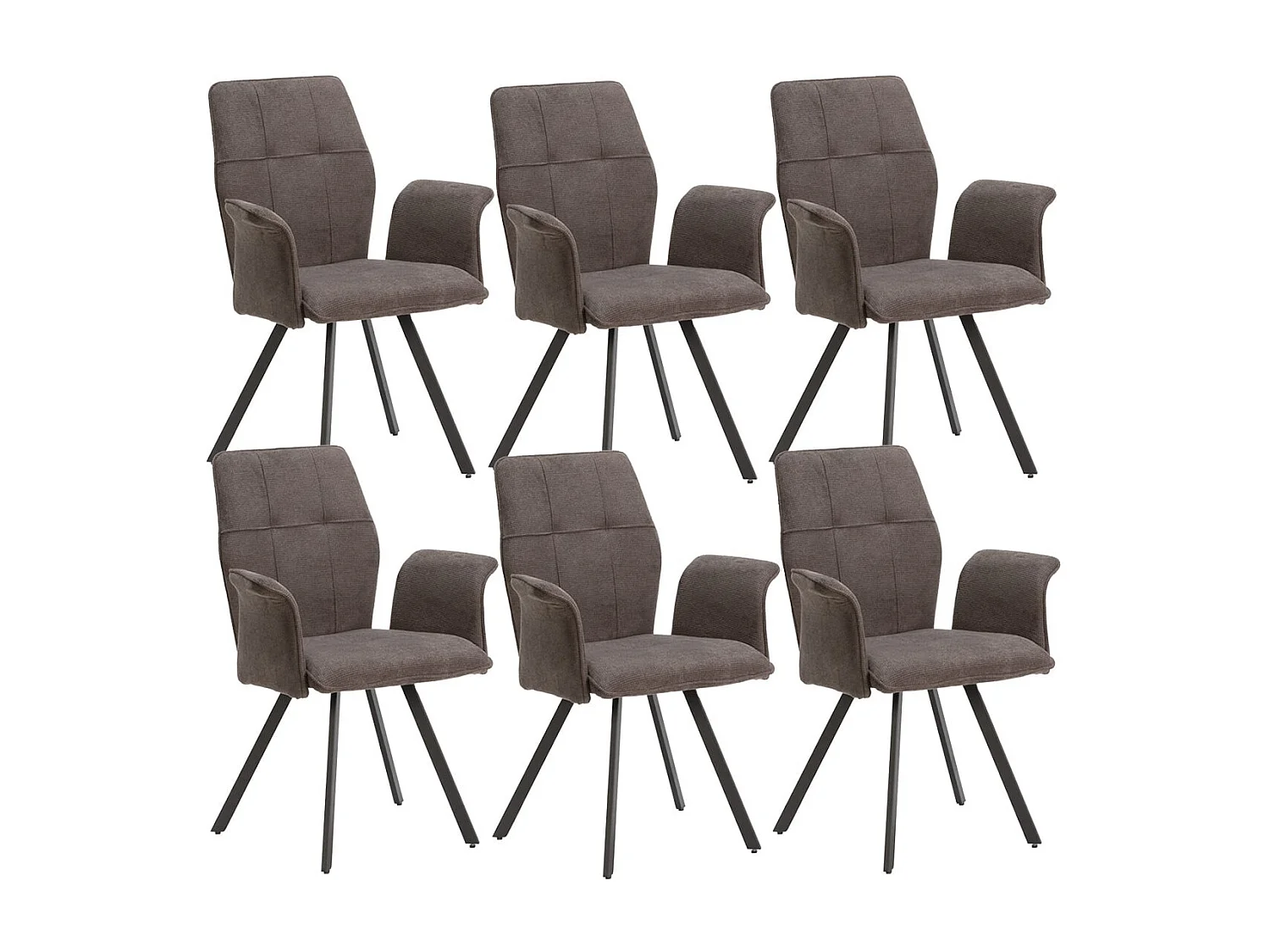 SELMA - Lot de 6 Fauteuils Tissu Gris Anthracite Effet Tricoté Pieds Métal Noir