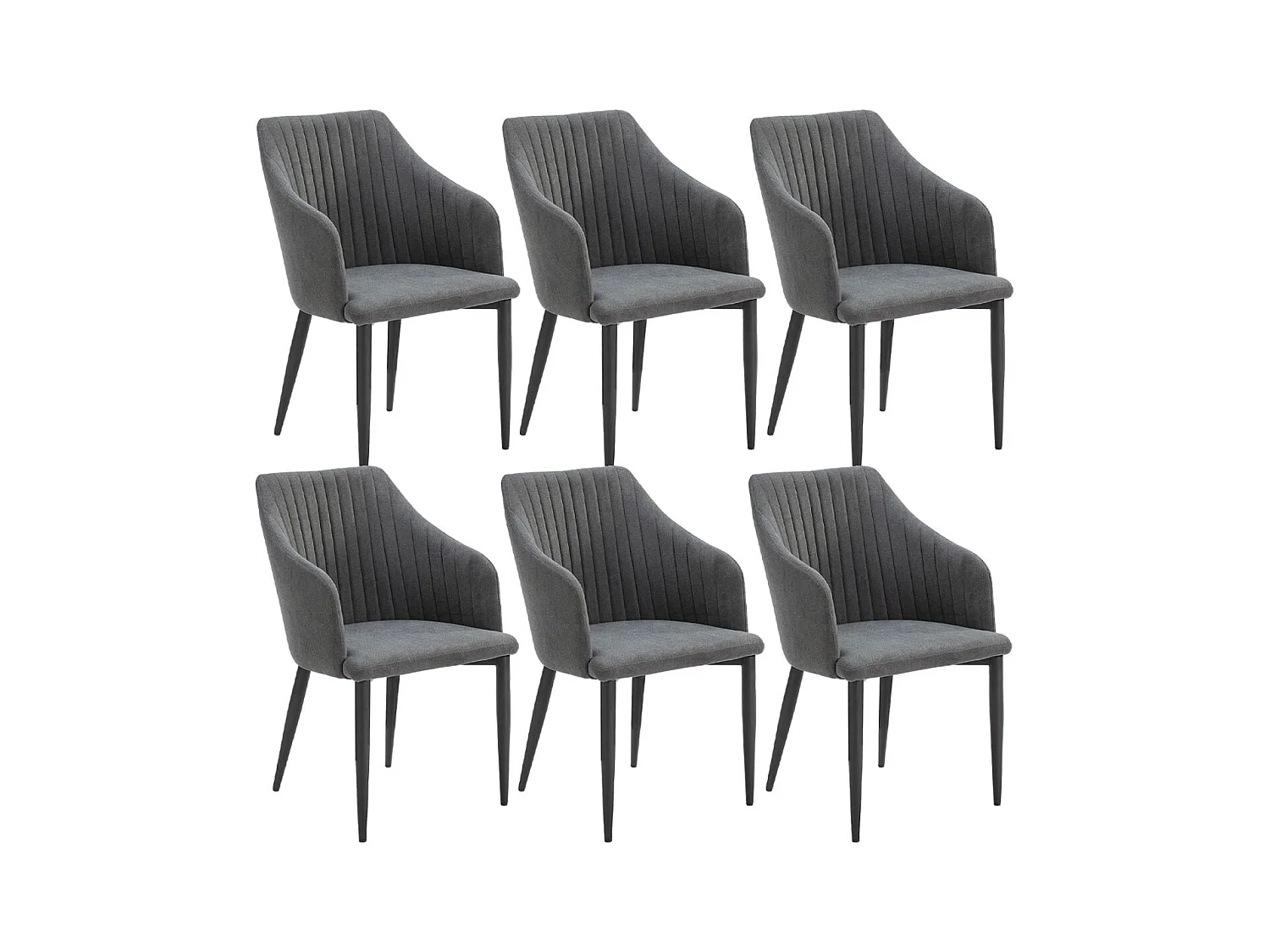 FASCA - Lot de 6 Fauteuils Tissu Noir Surpiqures Verticales Pieds Métal