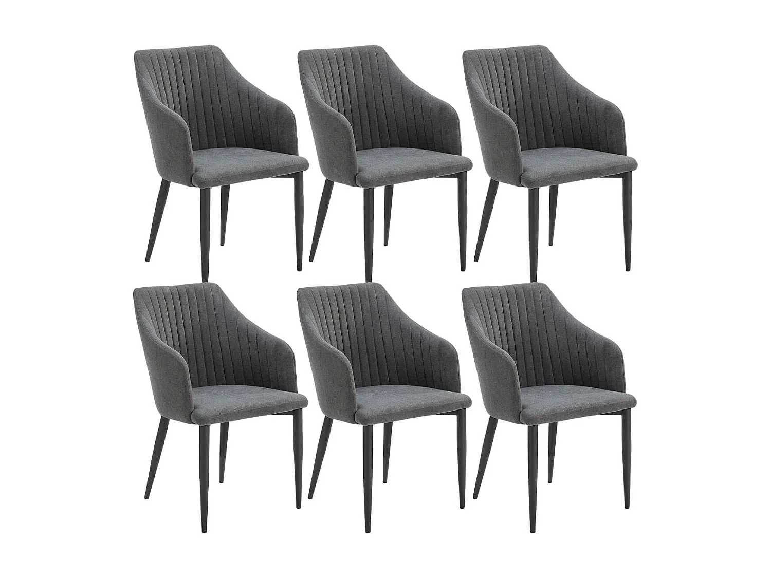 FASCA - Lot de 6 Fauteuils Tissu Noir Surpiqures Verticales Pieds Métal