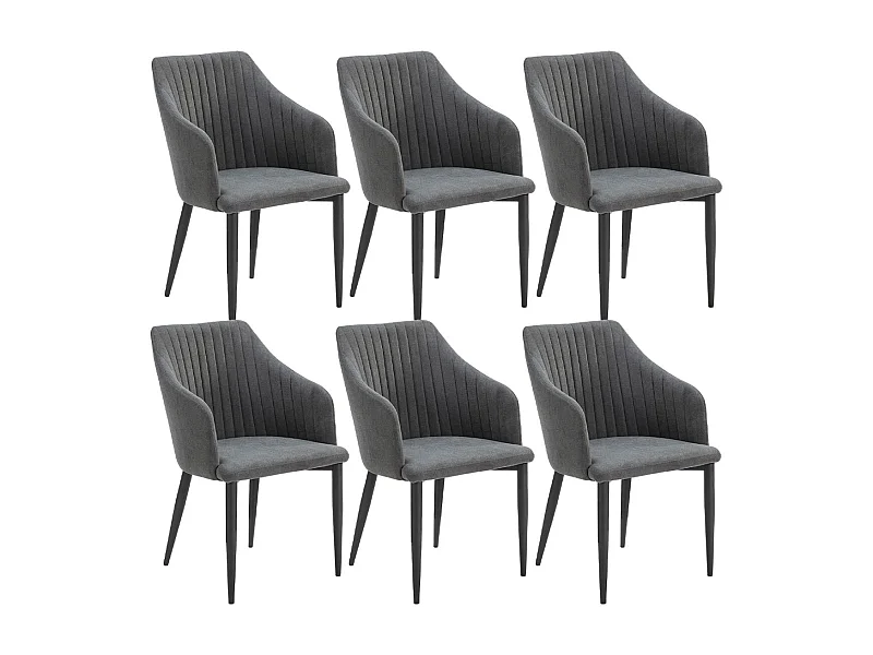 FASCA - Lot de 6 Fauteuils Tissu Noir Surpiqures Verticales Pieds Métal