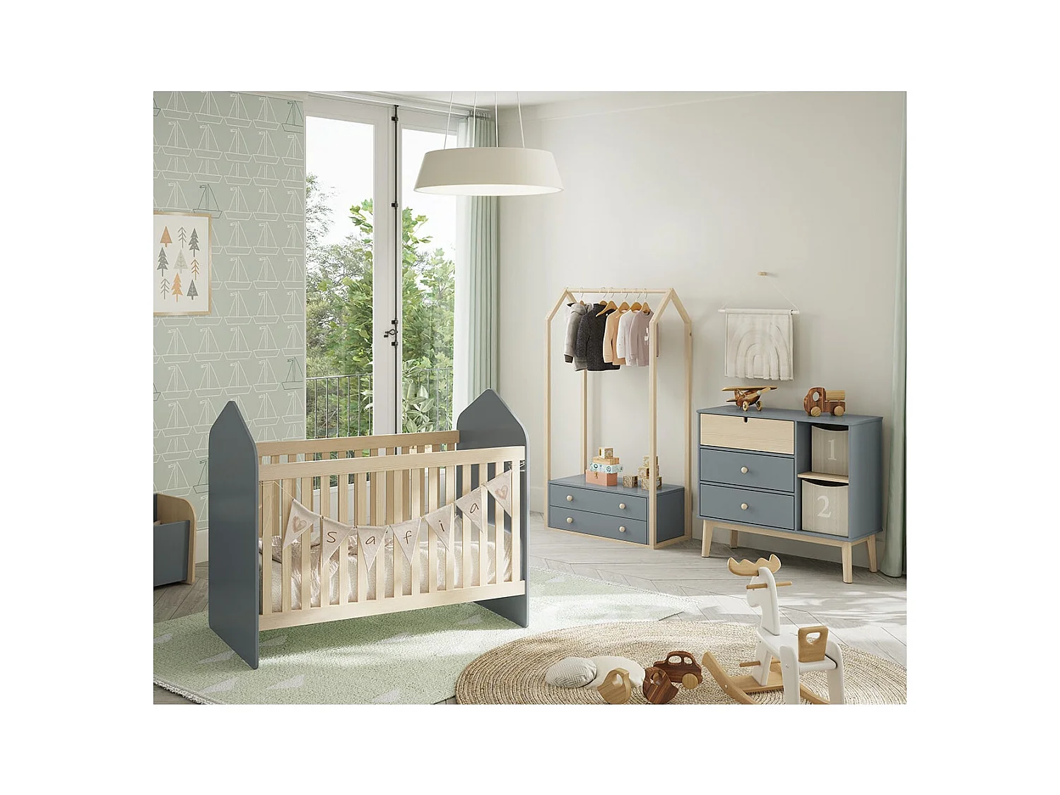 KAINA - Commode 3 Tiroirs 2 Niches MDF et Pin Coloris Gris Vert et Naturel