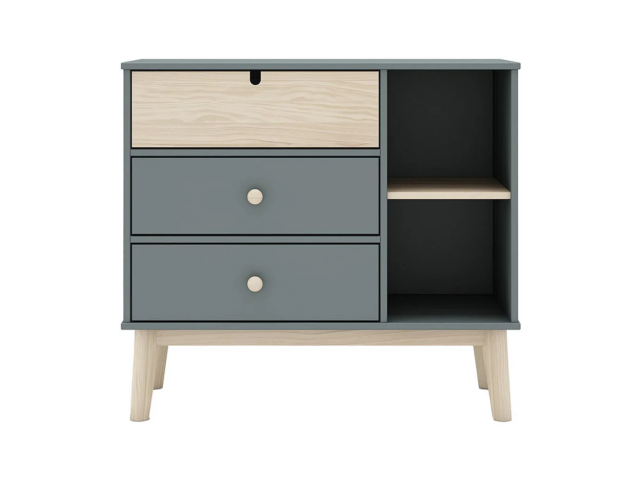 KAINA - Commode 3 Tiroirs 2 Niches MDF et Pin Coloris Gris Vert et Naturel