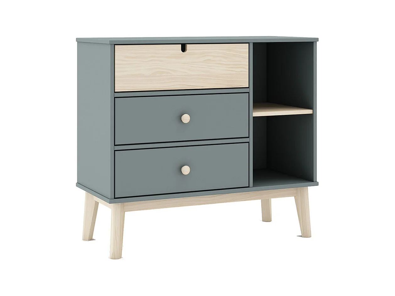 KAINA - Commode 3 Tiroirs 2 Niches MDF et Pin Coloris Gris Vert et Naturel