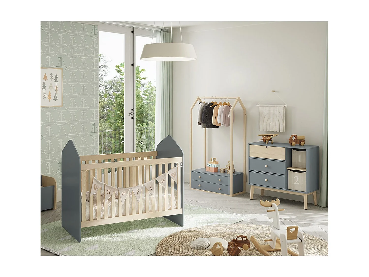 KAINA - Commode 3 Tiroirs 2 Niches MDF et Pin Coloris Gris Vert et Naturel