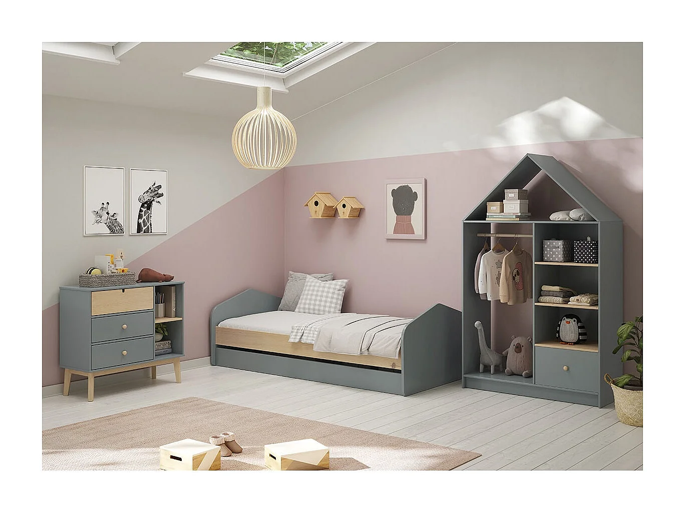 KAINA - Commode 3 Tiroirs 2 Niches MDF et Pin Coloris Gris Vert et Naturel