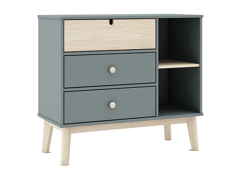 KAINA - Commode 3 Tiroirs 2 Niches MDF et Pin Coloris Gris Vert et Naturel