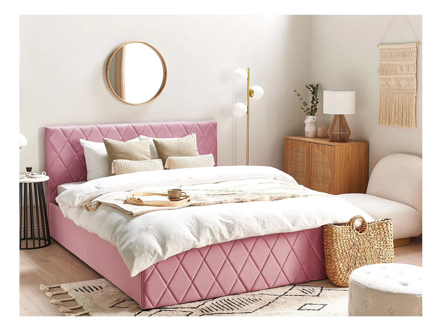 Cama con almacenaje Terciopelo ROCHEFORT 160 x 200 cm Rosa