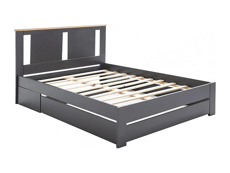 EMORI - Lit 140x190cm avec Tiroir, MDF et Pin Coloris Anthracite et Effet Chêne