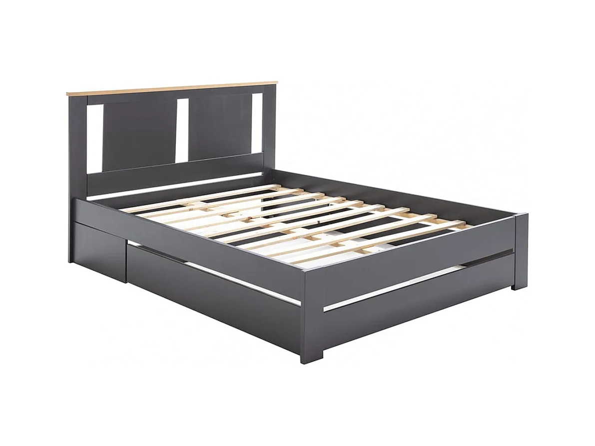 EMORI - Lit 140x190cm avec Tiroir, MDF et Pin Coloris Anthracite et Effet Chêne