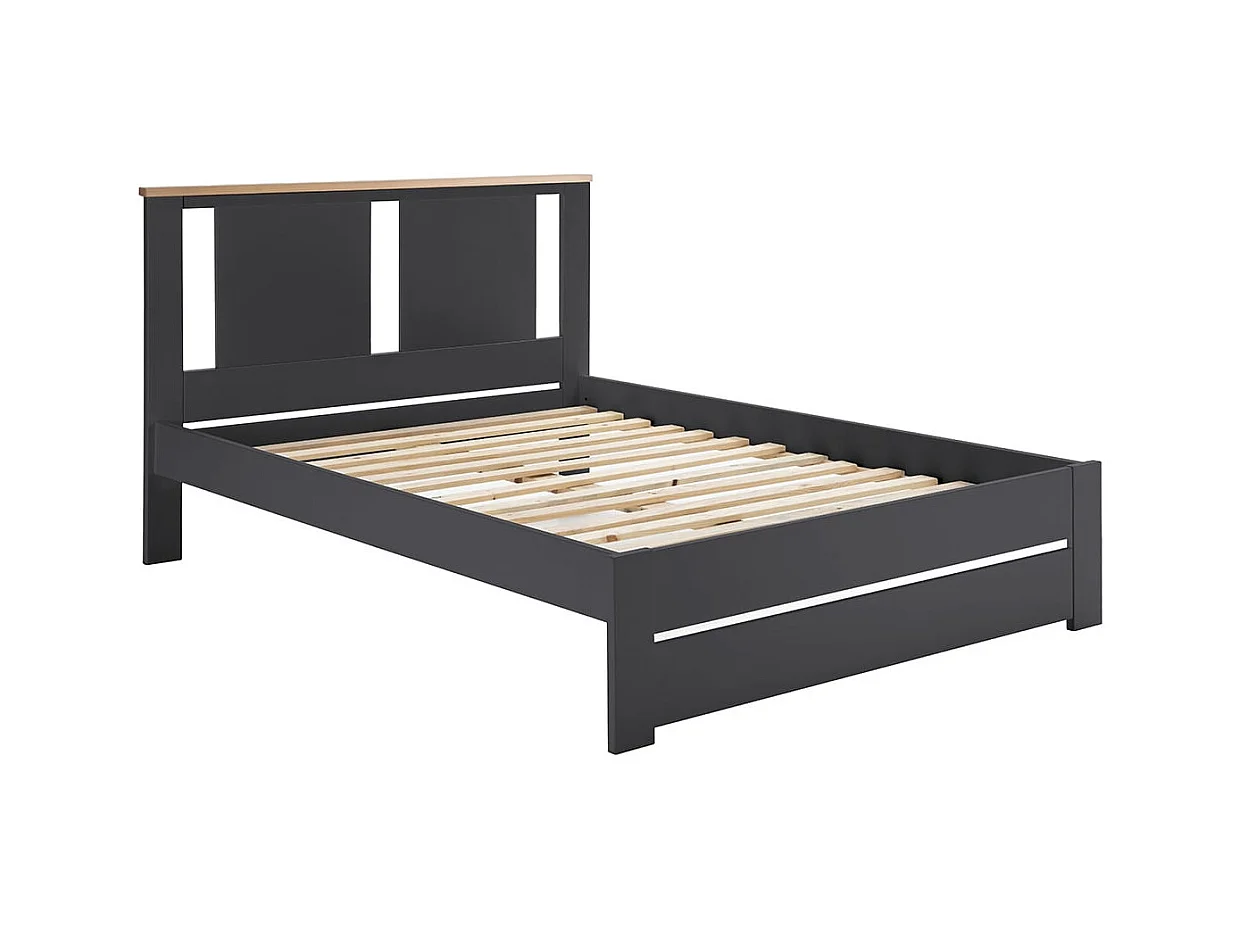 EMORI - Lit 140x190cm avec Tiroir, MDF et Pin Coloris Anthracite et Effet Chêne