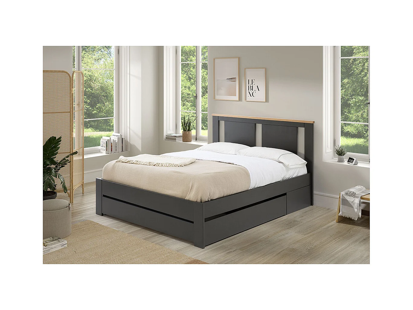 EMORI - Lit 140x190cm avec Tiroir, MDF et Pin Coloris Anthracite et Effet Chêne