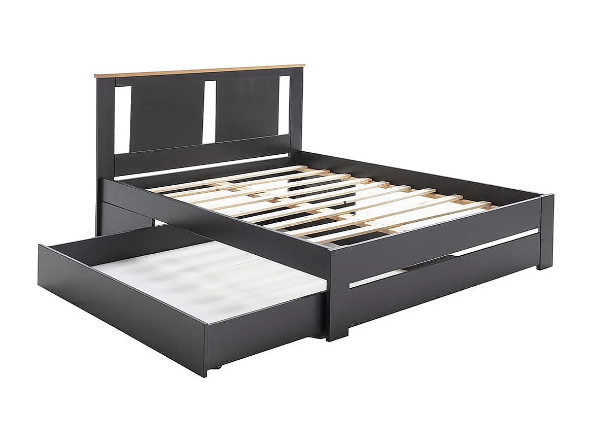 EMORI - Lit 140x190cm avec Tiroir, MDF et Pin Coloris Anthracite et Effet Chêne