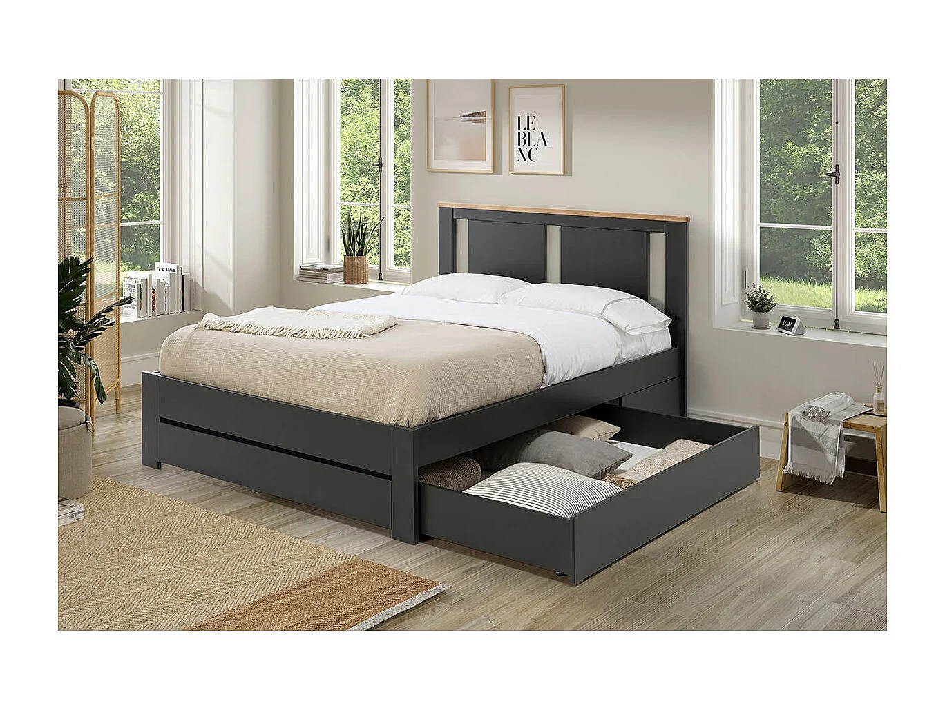 EMORI - Lit 140x190cm avec Tiroir, MDF et Pin Coloris Anthracite et Effet Chêne