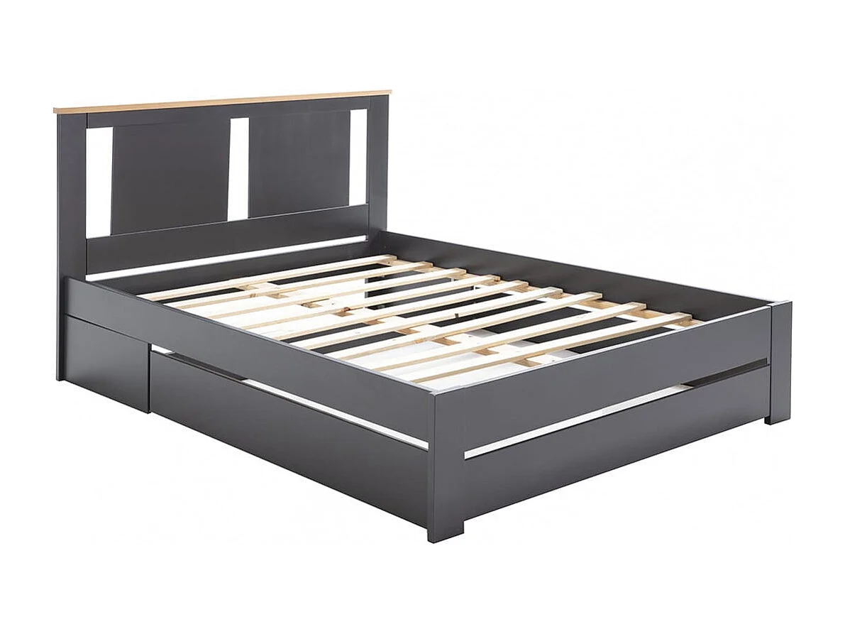 EMORI - Lit 140x190cm avec Tiroir, MDF et Pin Coloris Anthracite et Effet Chêne