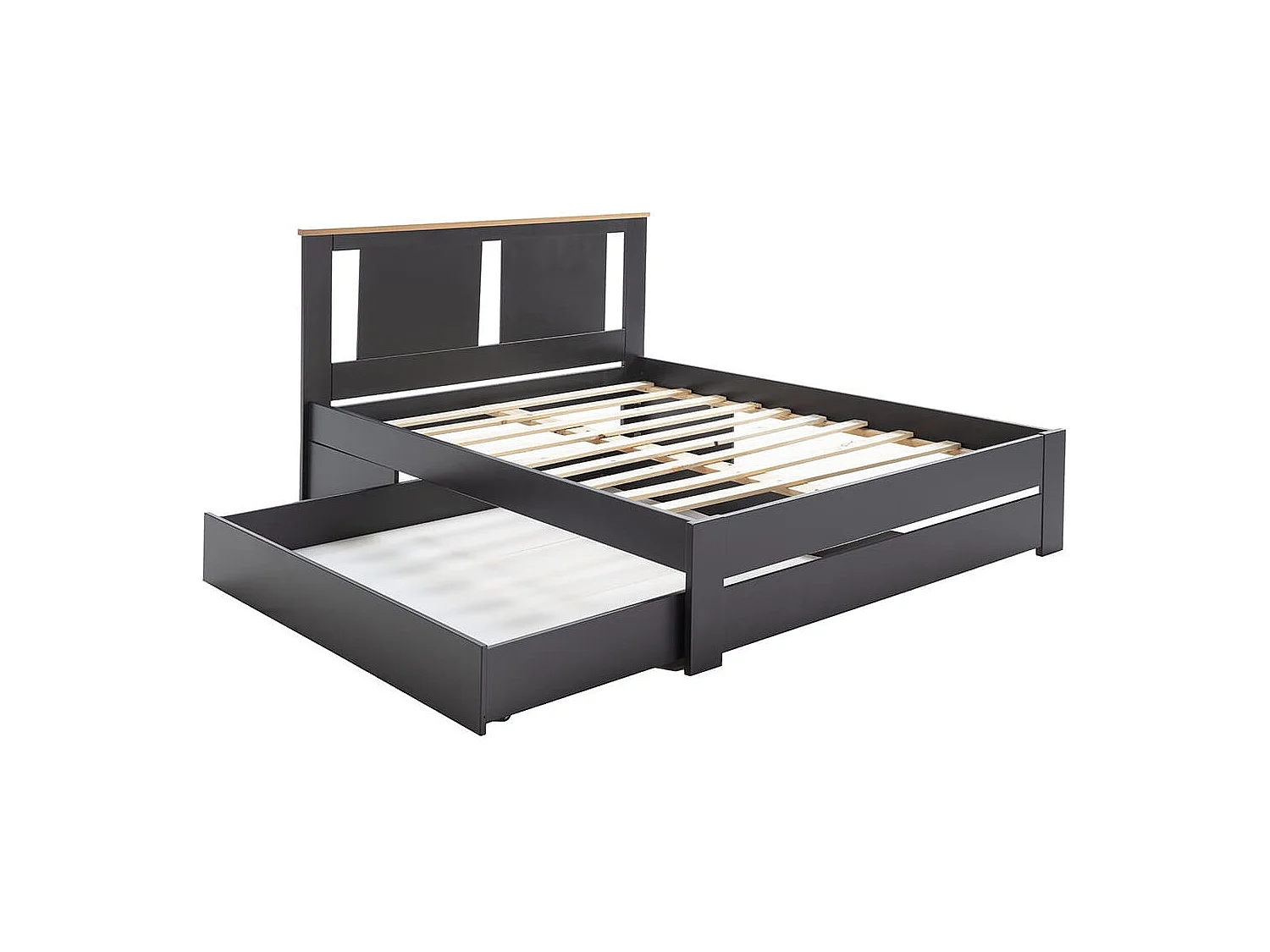 EMORI - Lit 140x190cm avec Tiroir, MDF et Pin Coloris Anthracite et Effet Chêne