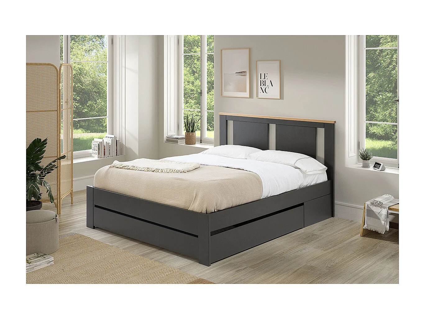 EMORI - Lit 140x190cm avec Tiroir, MDF et Pin Coloris Anthracite et Effet Chêne