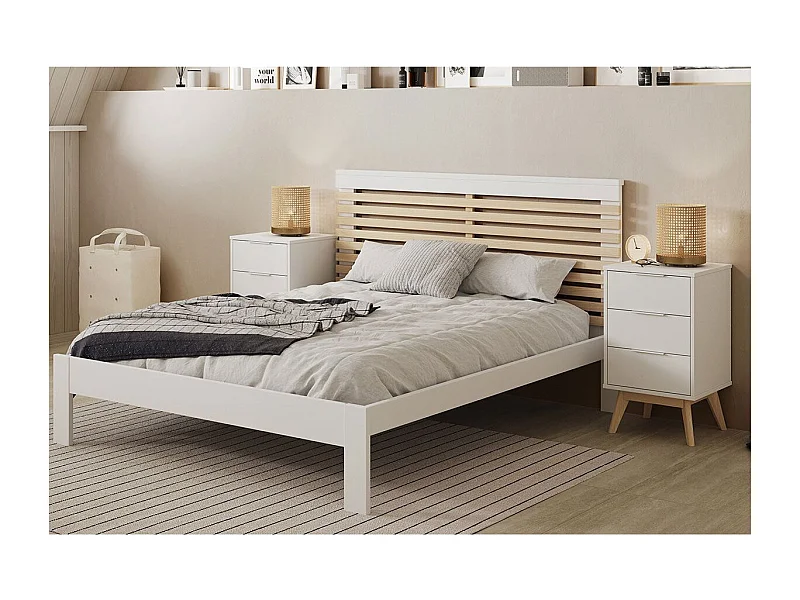 LAUPELL - Pack Lit 140x190cm + 2 Chevets 3 Tiroirs Pin Naturel et Blanc Scandinave