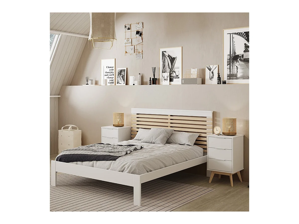 LAUPELL - Pack Lit 140x190cm + 2 Chevets 3 Tiroirs Pin Naturel et Blanc Scandinave