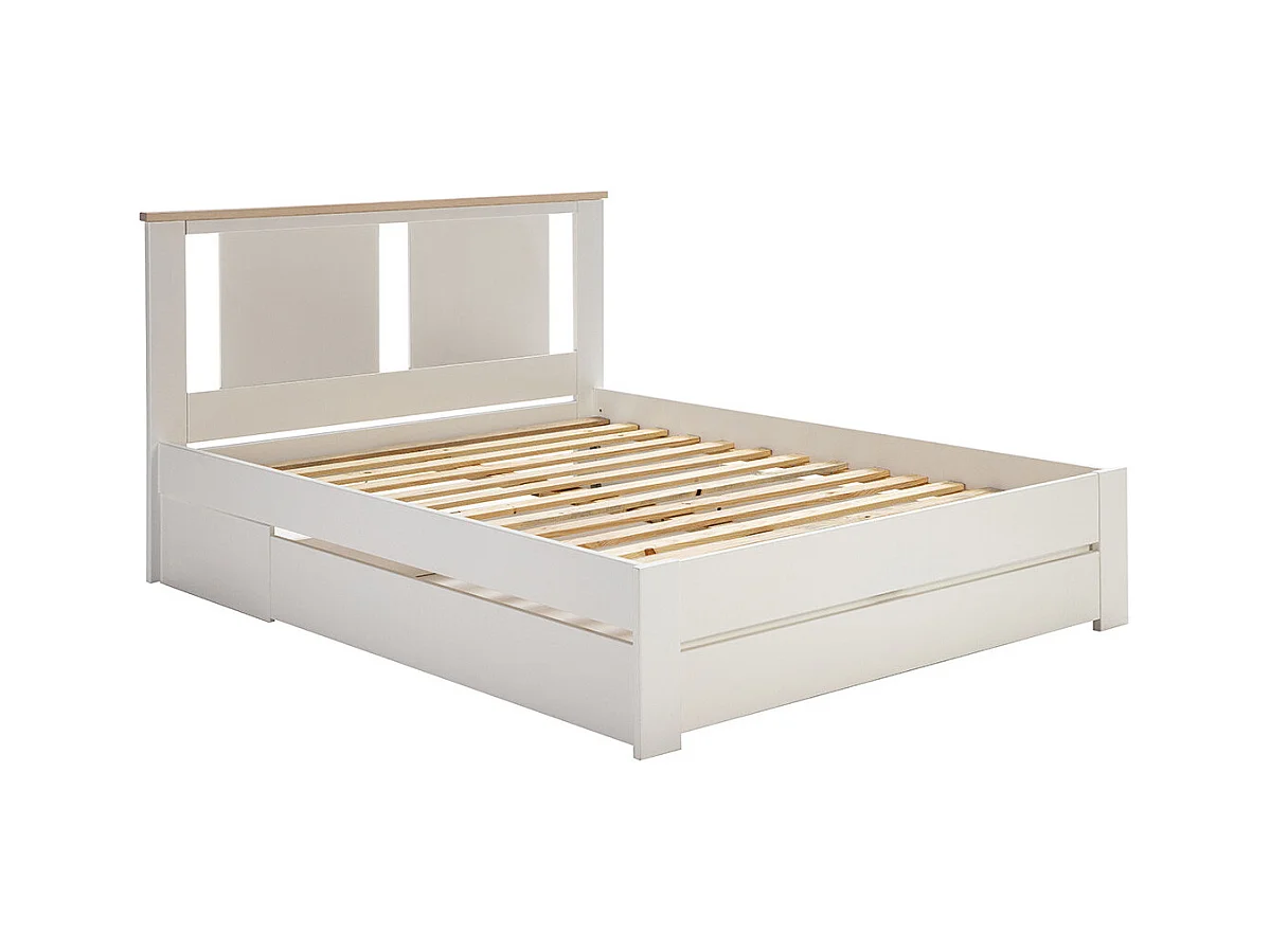 EMORI - Lit 140x190cm avec Tiroir, MDF et Pin Coloris Blanc et Effet Chêne