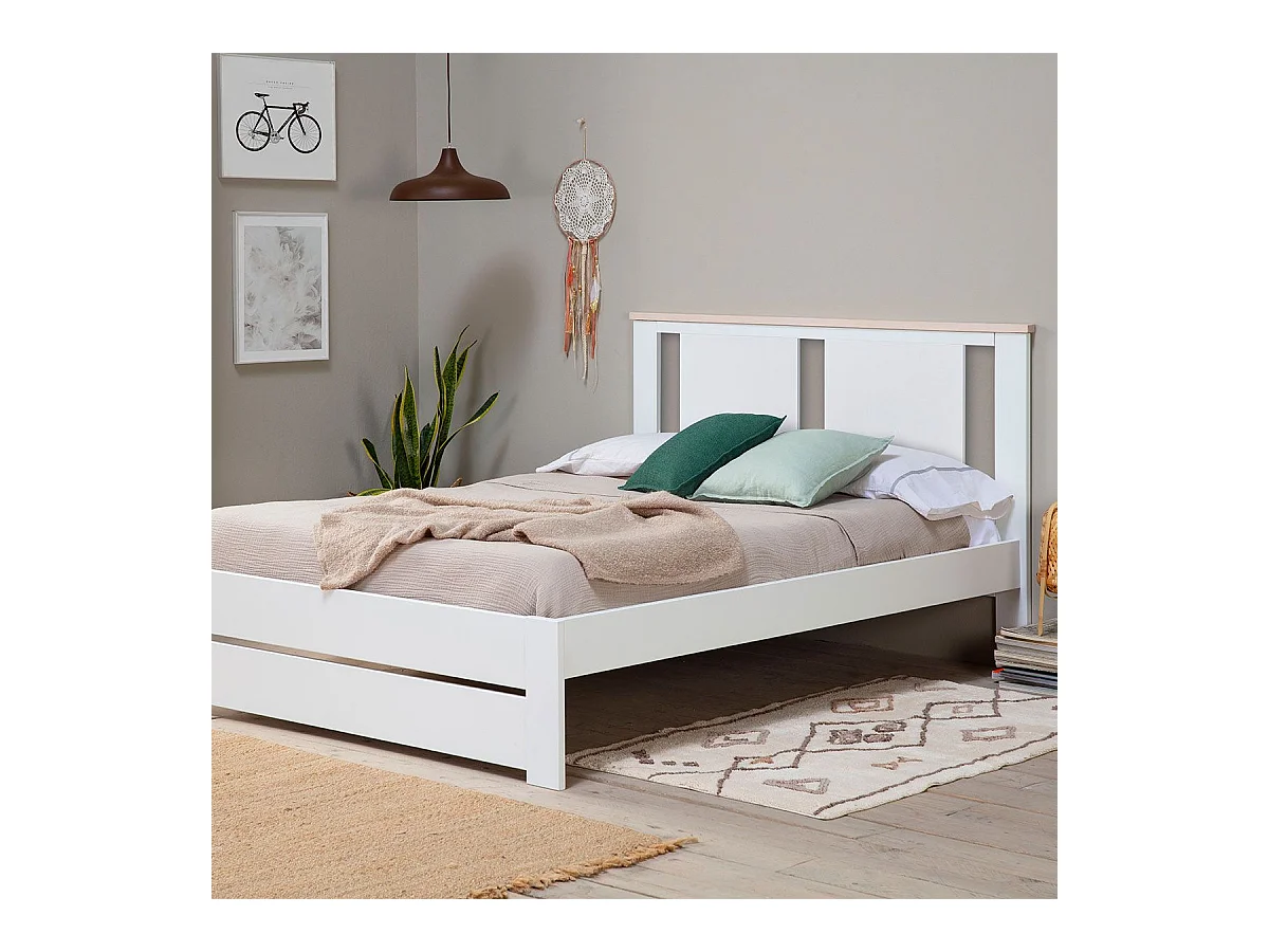 EMORI - Lit 140x190cm avec Tiroir, MDF et Pin Coloris Blanc et Effet Chêne