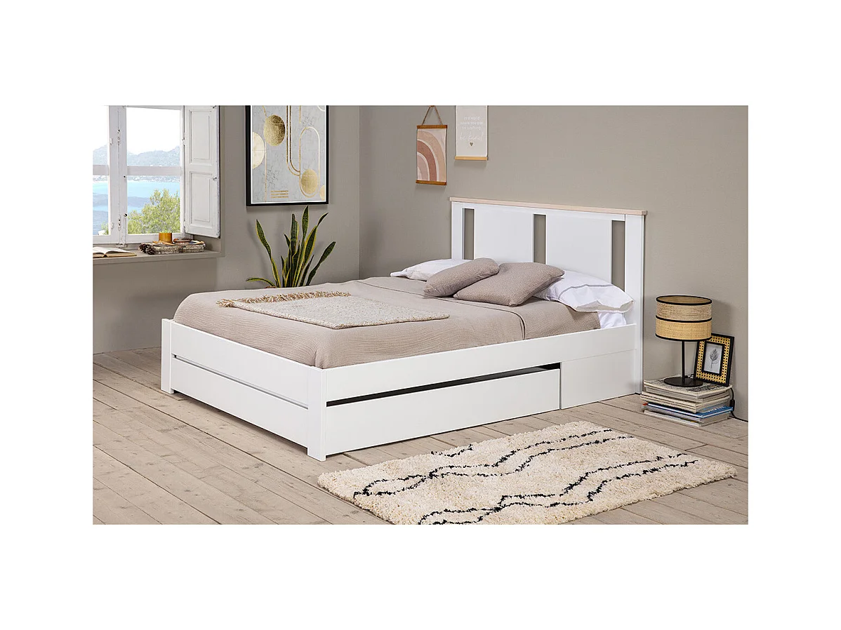 EMORI - Lit 140x190cm avec Tiroir, MDF et Pin Coloris Blanc et Effet Chêne