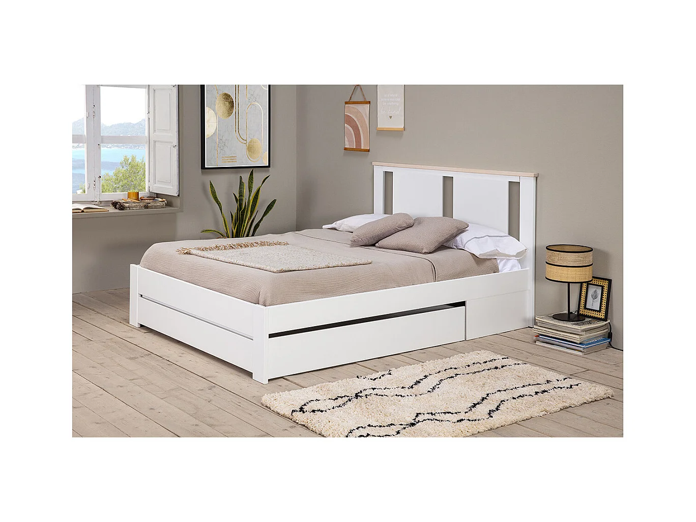 EMORI - Lit 140x190cm avec Tiroir, MDF et Pin Coloris Blanc et Effet Chêne