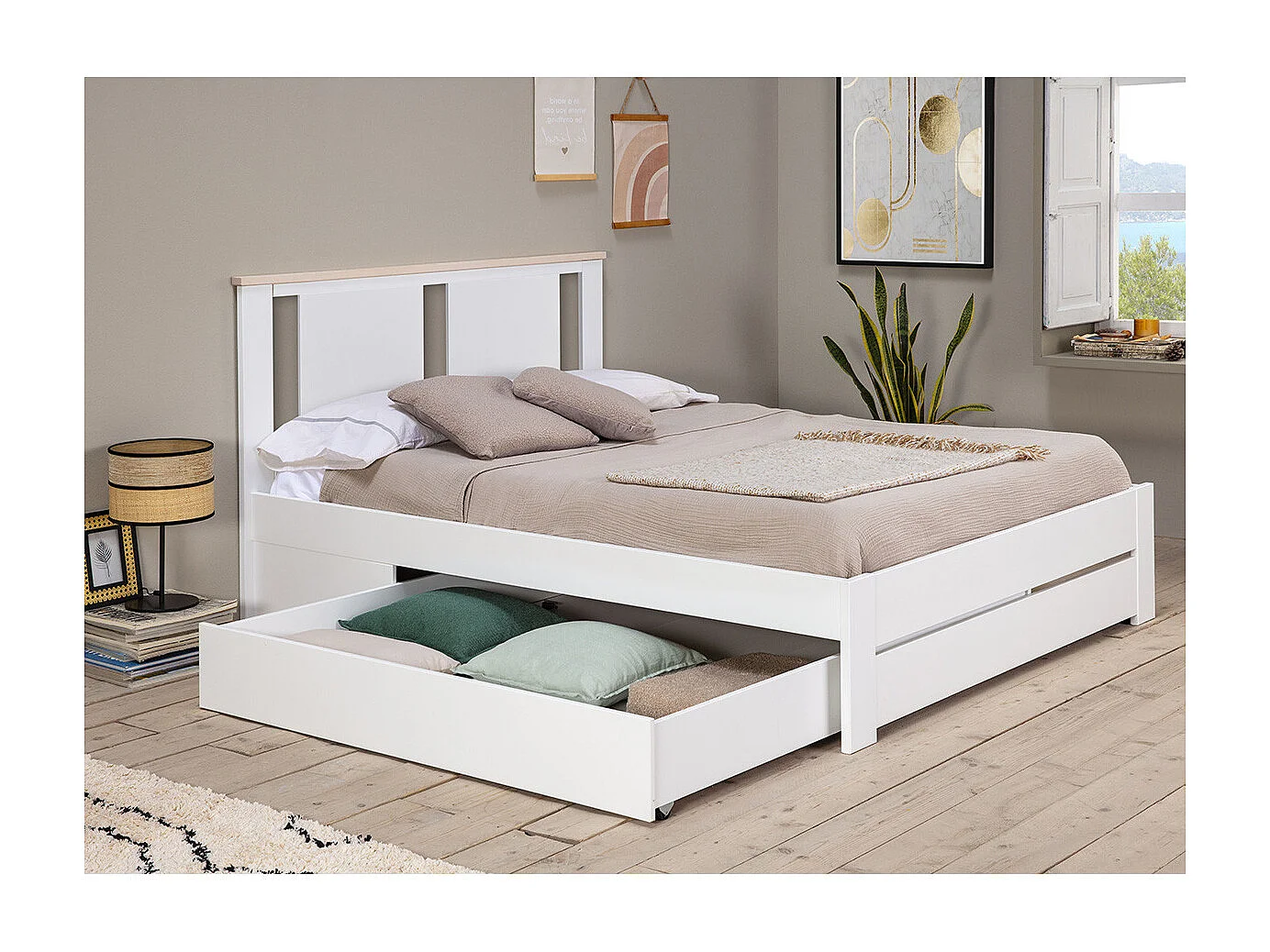 EMORI - Lit 140x190cm avec Tiroir, MDF et Pin Coloris Blanc et Effet Chêne