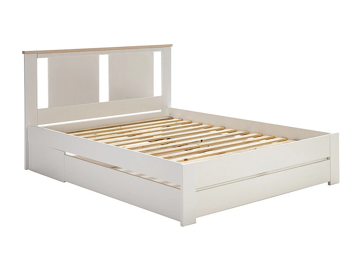 EMORI - Lit 140x190cm avec Tiroir, MDF et Pin Coloris Blanc et Effet Chêne