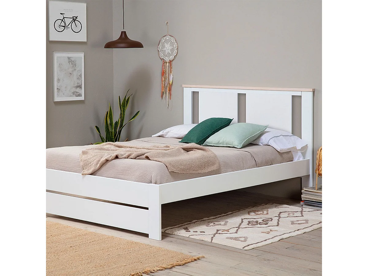 EMORI - Lit 140x190cm avec Tiroir, MDF et Pin Coloris Blanc et Effet Chêne