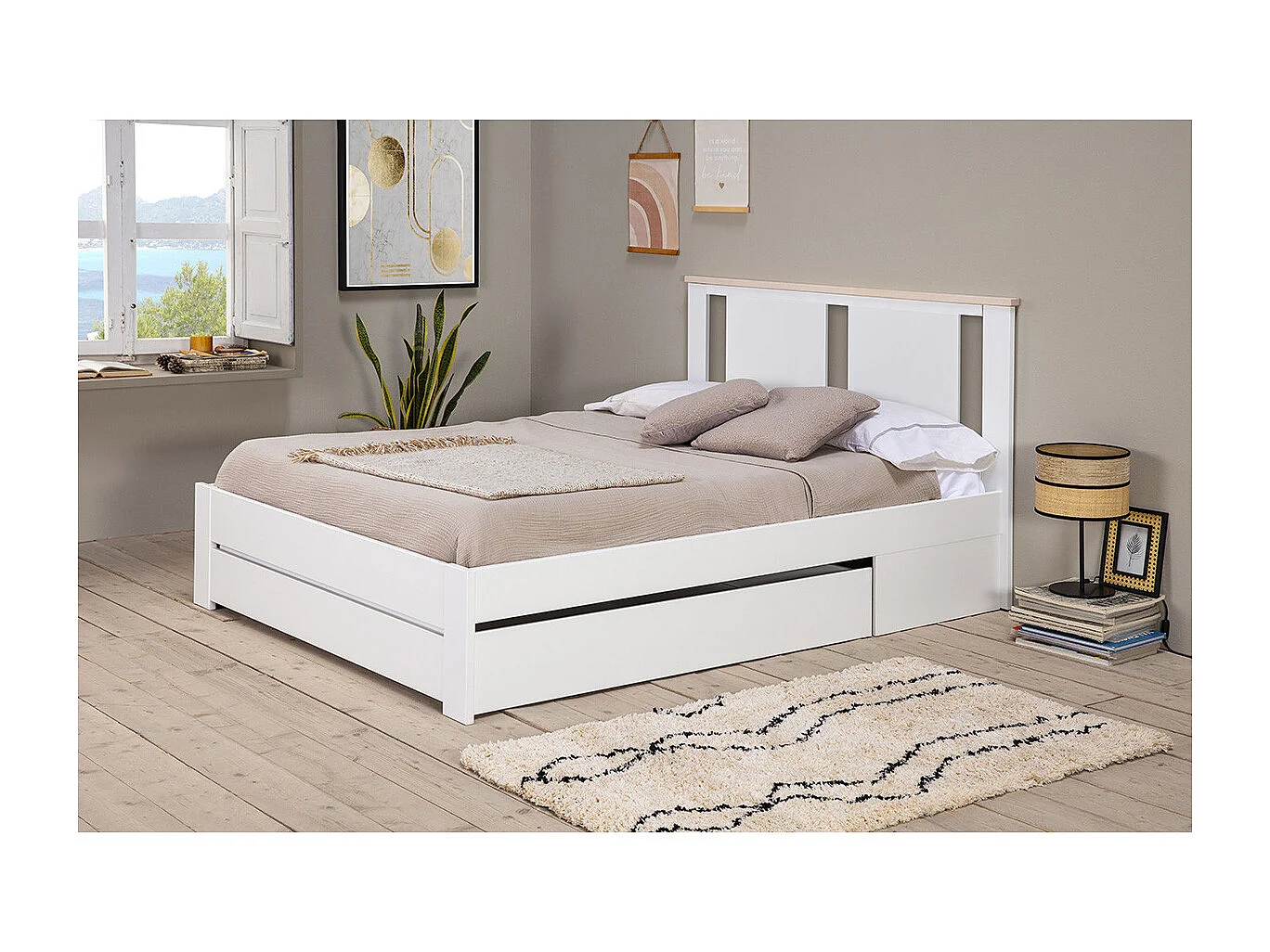 EMORI - Lit 140x190cm avec Tiroir, MDF et Pin Coloris Blanc et Effet Chêne