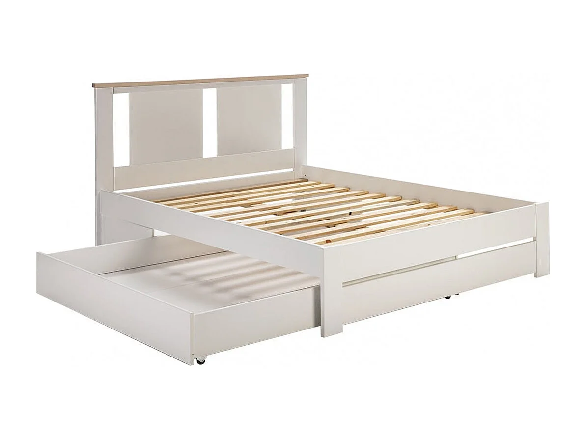 EMORI - Lit 140x190cm avec Tiroir, MDF et Pin Coloris Blanc et Effet Chêne