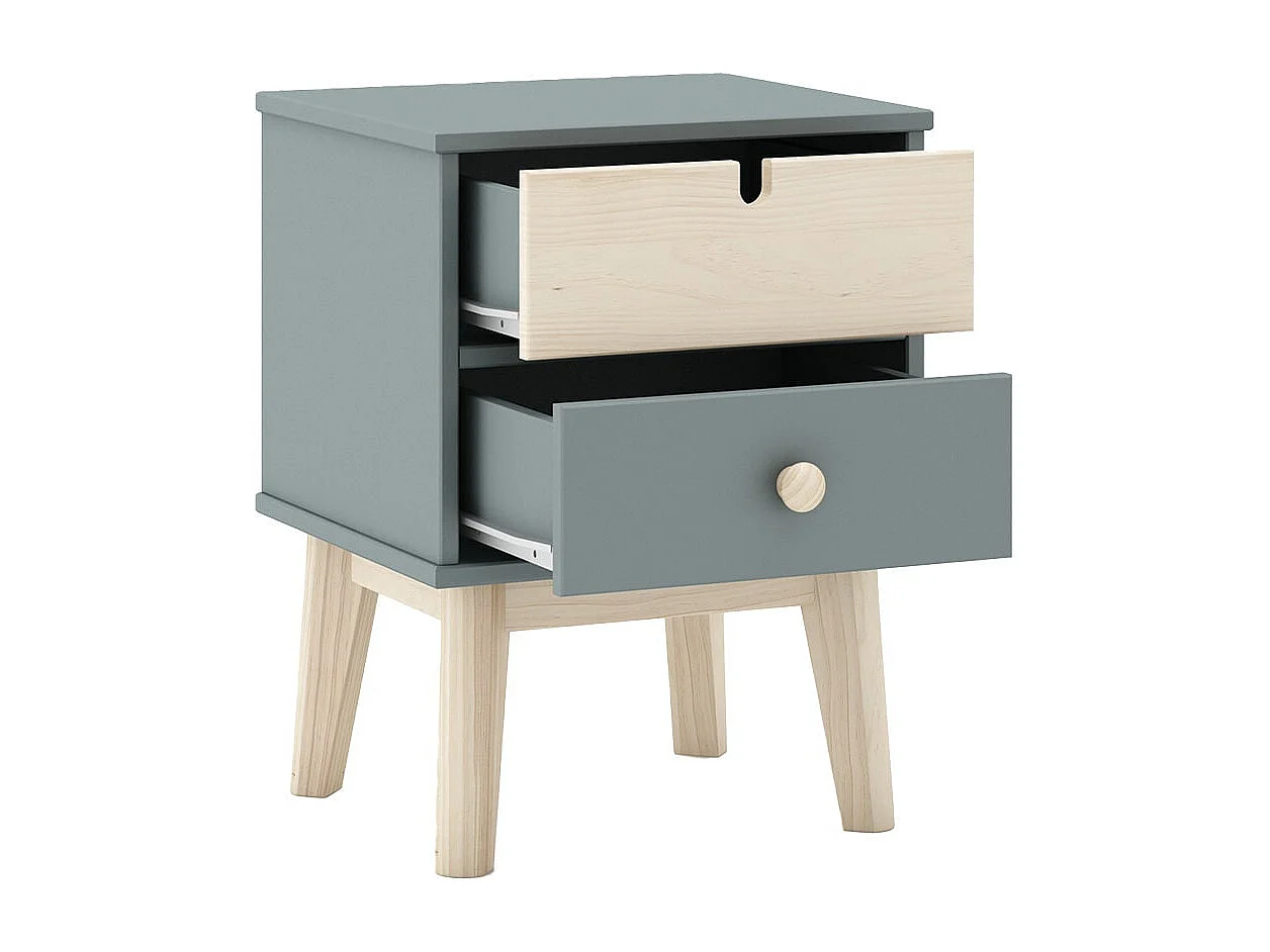 KAINA - Pack Lit 90x190cm + Chevet 2 Tiroirs Coloris Gris et Naturel