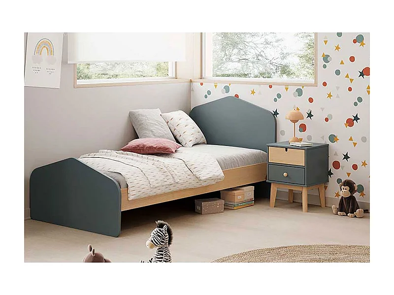 KAINA - Pack Lit 90x190cm + Chevet 2 Tiroirs Coloris Gris et Naturel