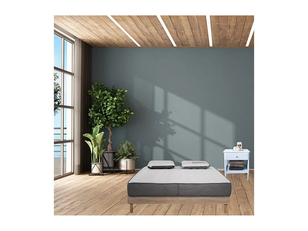 Ensemble Matelas Luxe mousse - 160x200cm avec 2 Oreiller visco 60x60 et Sommier kit couleur chêne