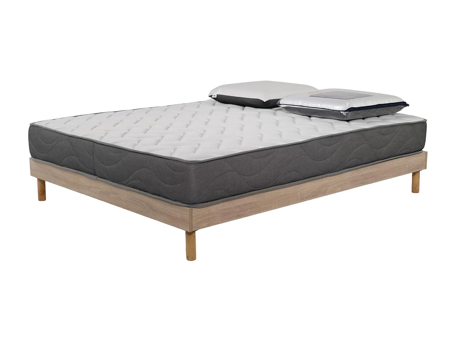 Ensemble Matelas Luxe mousse - 160x200cm avec 2 Oreiller visco 60x60 et Sommier kit couleur chêne