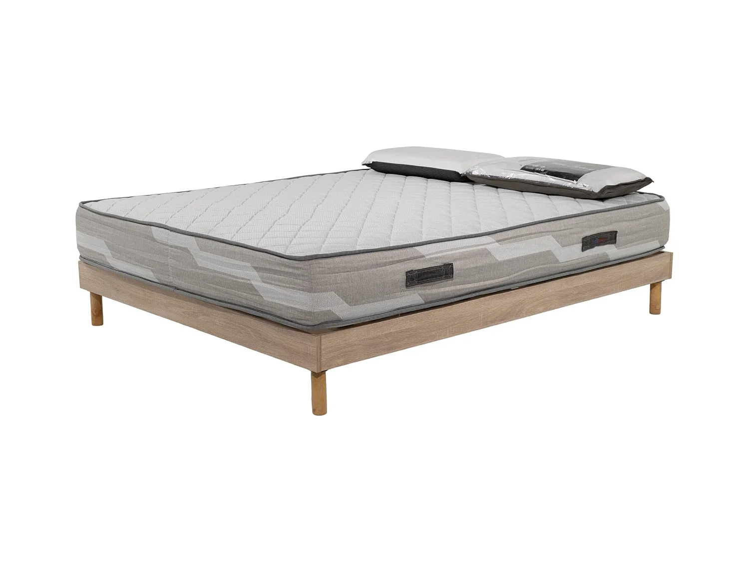 Ensemble matelas 140x190cm ressorts ensachés Select et 2 oreillers 70x40 et Sommier kit chêne