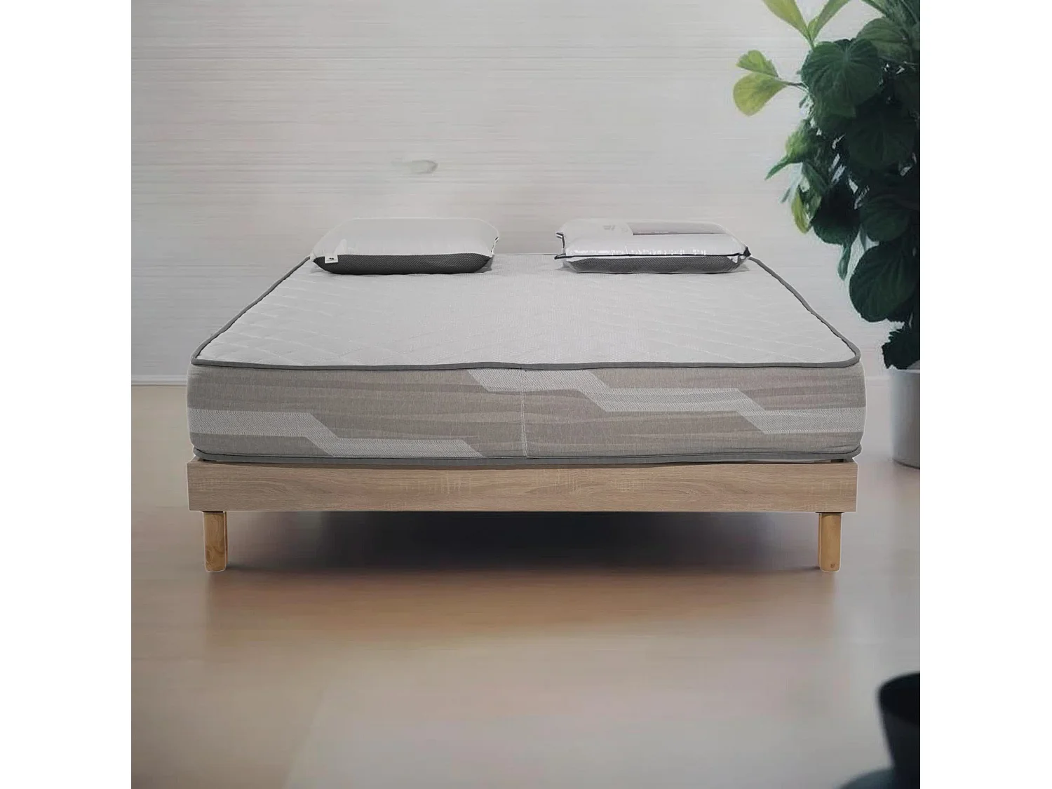 Ensemble matelas 140x190cm ressorts ensachés Select et 2 oreillers 70x40 et Sommier kit chêne