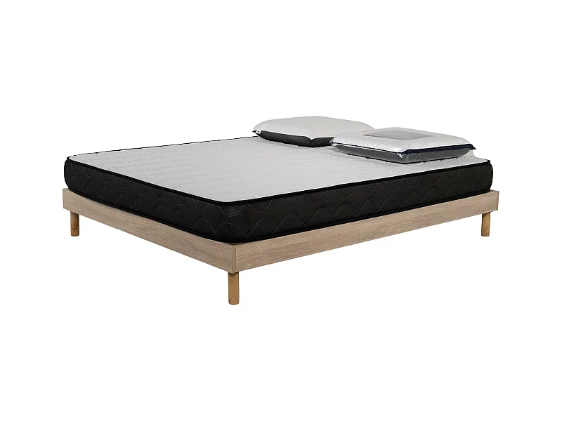 Ensemble matelas mousse acceuil mémoire Memory - 160x200 - 2 Oreillers visco et Sommier kit chêne