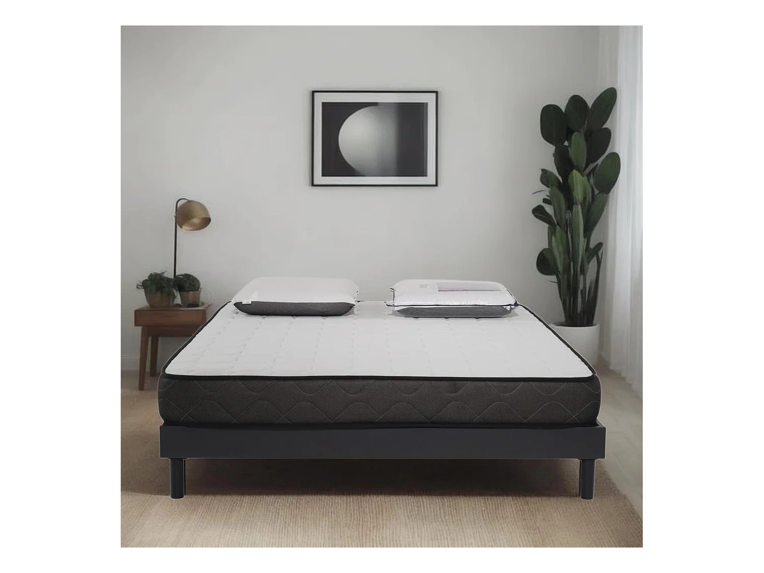Ensemble matelas mousse acceuil mémoire Memory - 140x190 - 2 Oreillers visco et Sommier kit gris