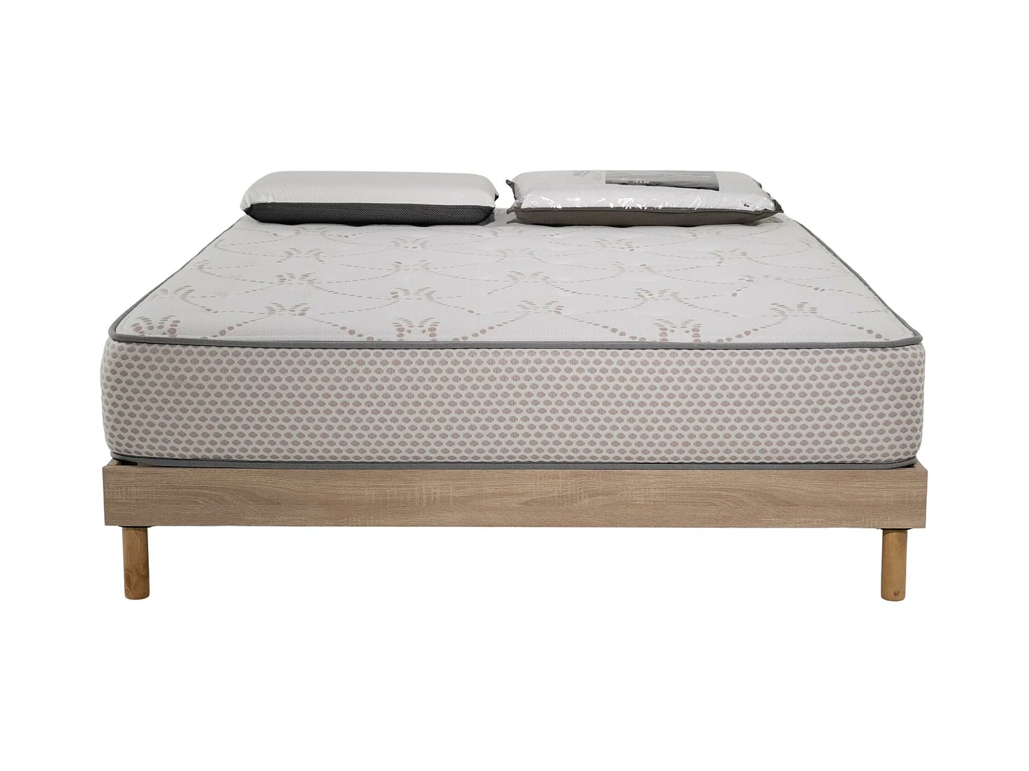 Ensemble Matelas mousse Cosmos White accueil mémoire-160x200-2 oreillers 70x40 et Sommier kit chêne