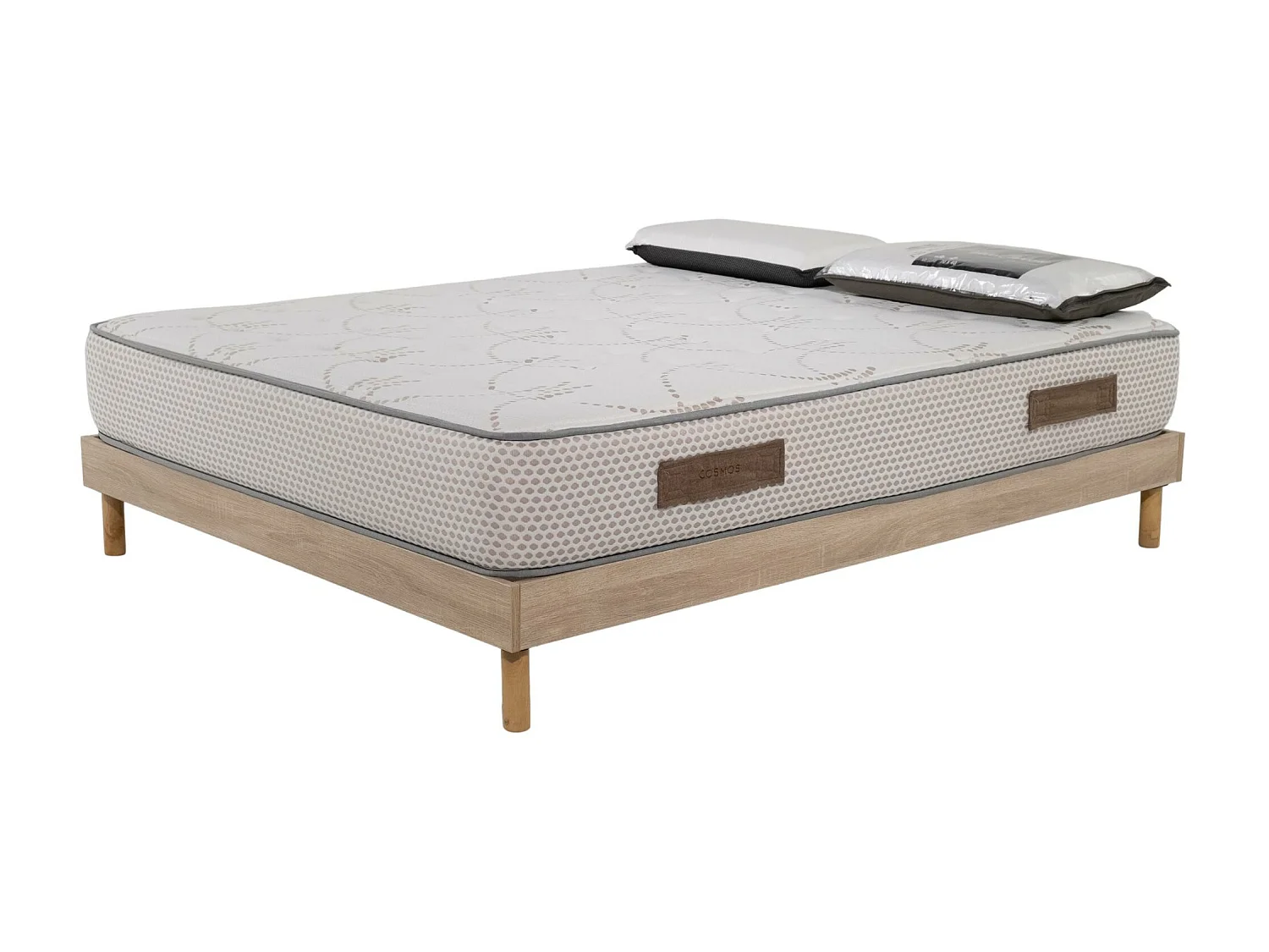 Ensemble Matelas mousse Cosmos White accueil mémoire-160x200-2 oreillers 70x40 et Sommier kit chêne