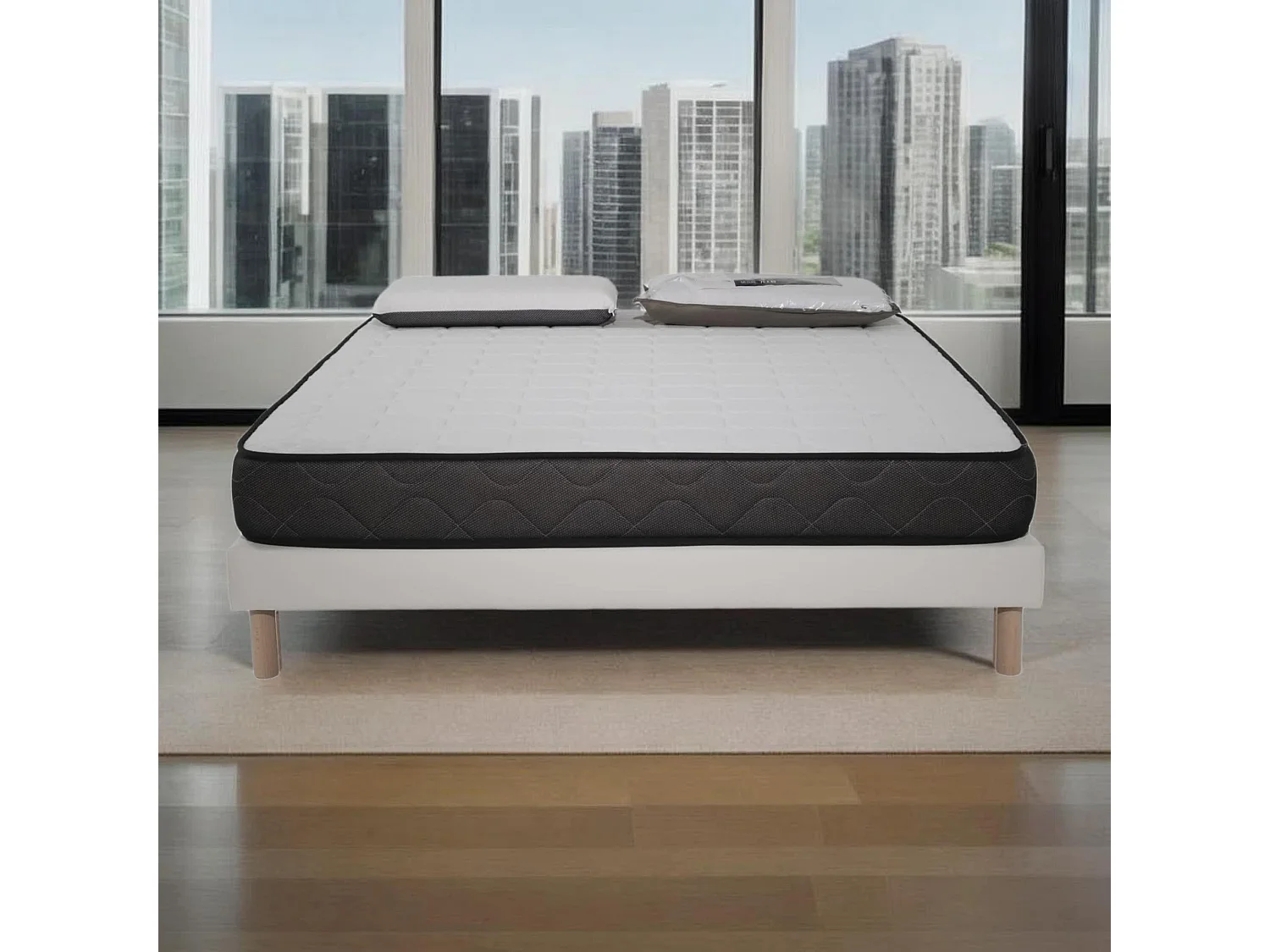 Ensemble Matelas mousse Memory - 160x200 et 2 Oreillers 70x40 - Sommier Blanc